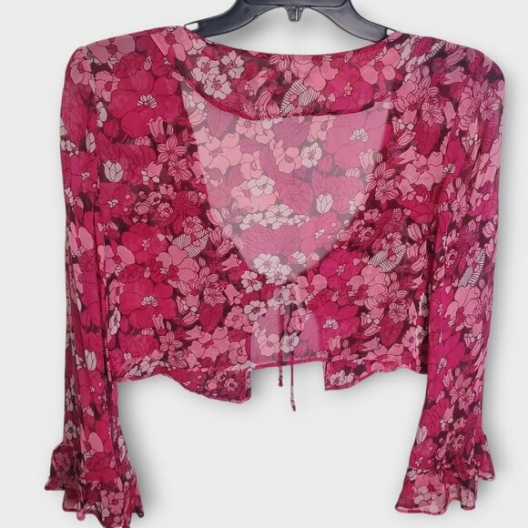 Urban Outfitters Juliet Sheer Floral Tie Front Ruffle Blouse Medium - Picture 3 of 7
